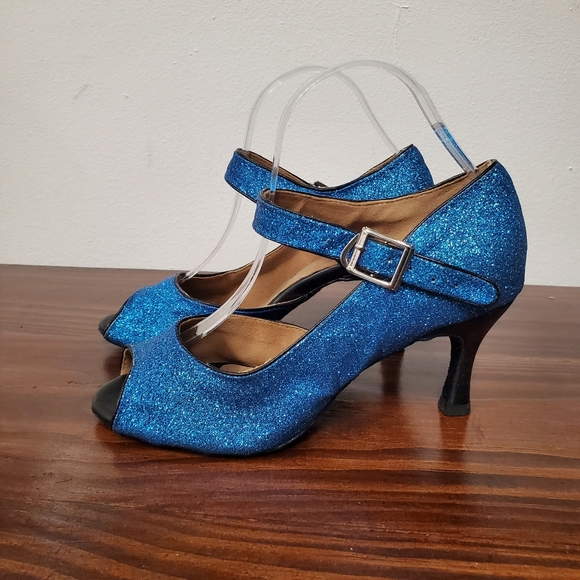 Burju Latin Dance Shoe Women's 9.5 Blue Glitter Sparkle Peep Toe Salsa - Picture 6 of 14